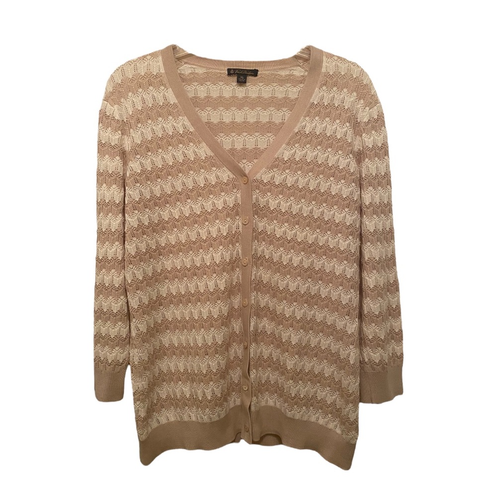 Brooks Brothers Taupe White Patterned Silk Blend V-Neck Cardigan Sweater Size XL